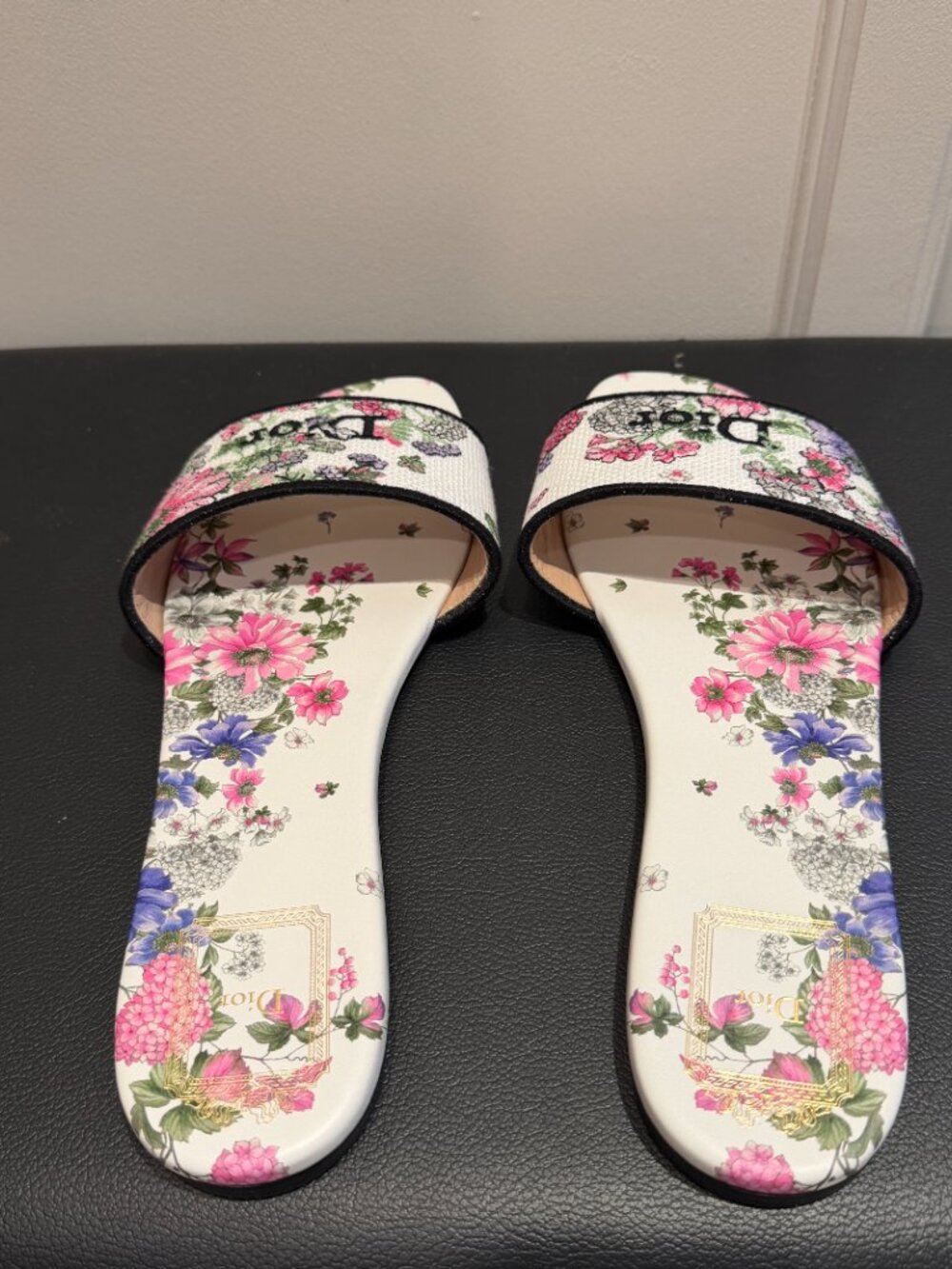 Dior Dway Slide Embroidered Cotton & Multicolor Hortensia Garden Motif Sz 38 - Picture 4 of 8